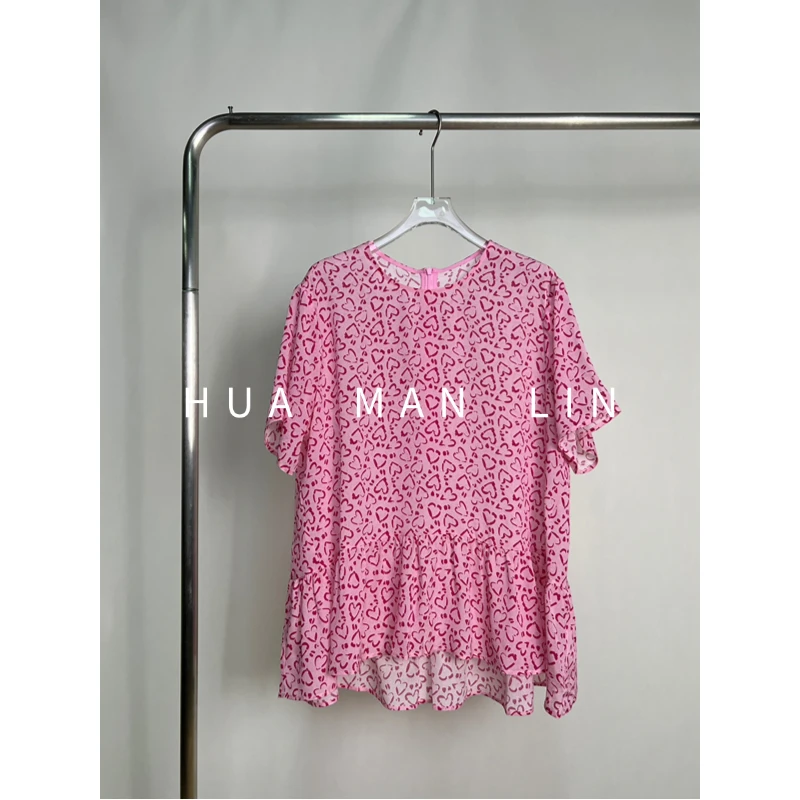 【花满林】圆领粉色爱心下摆娃娃鬼绉真丝桑蚕丝上衣259677