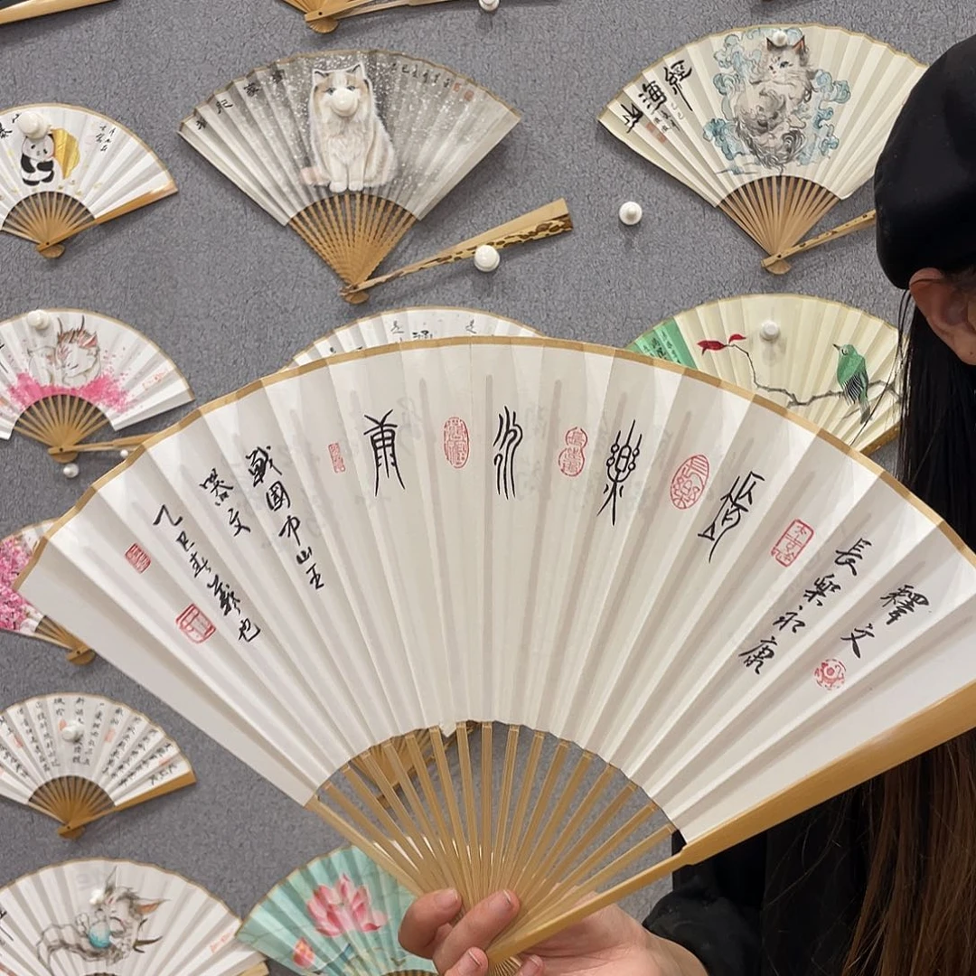 书法95寸玉竹-纯手绘-文玩扇骨（默认粘好）