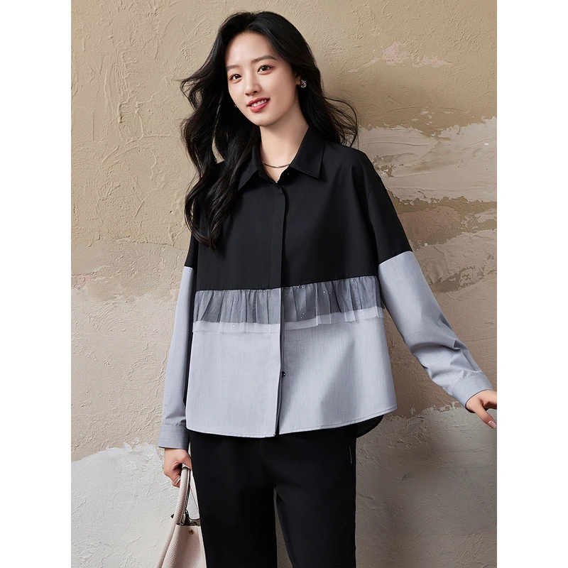 网纱拼接假两件衬衫女春秋新款宽松大码洋气显瘦长袖上衣C4054