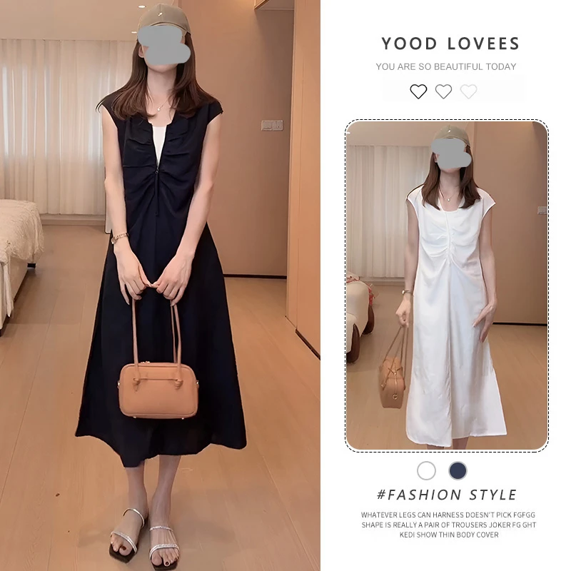 法式高级感白色V领无袖背心连衣裙女夏季气质小白裙显瘦收腰裙子