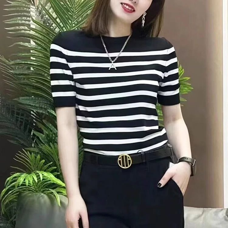 {专柜}商场同款2025夏季新款女士上衣圆领冰丝条纹针织短袖T恤