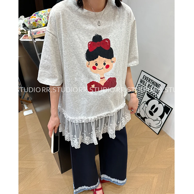 2025夏款孕妇装设计感时尚蕾丝拼接卡通印花短袖百搭T恤DY1906