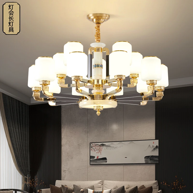 新中式全铜玉石复式楼大吊灯高端大气别墅客厅卧室书房832