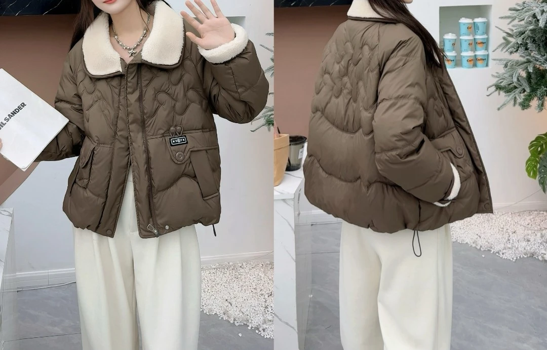 8011-2-DQ咖色翻领毛领短款加厚外套