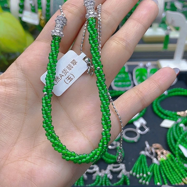 翡翠颈饰银S925镶嵌设计款麻花项链