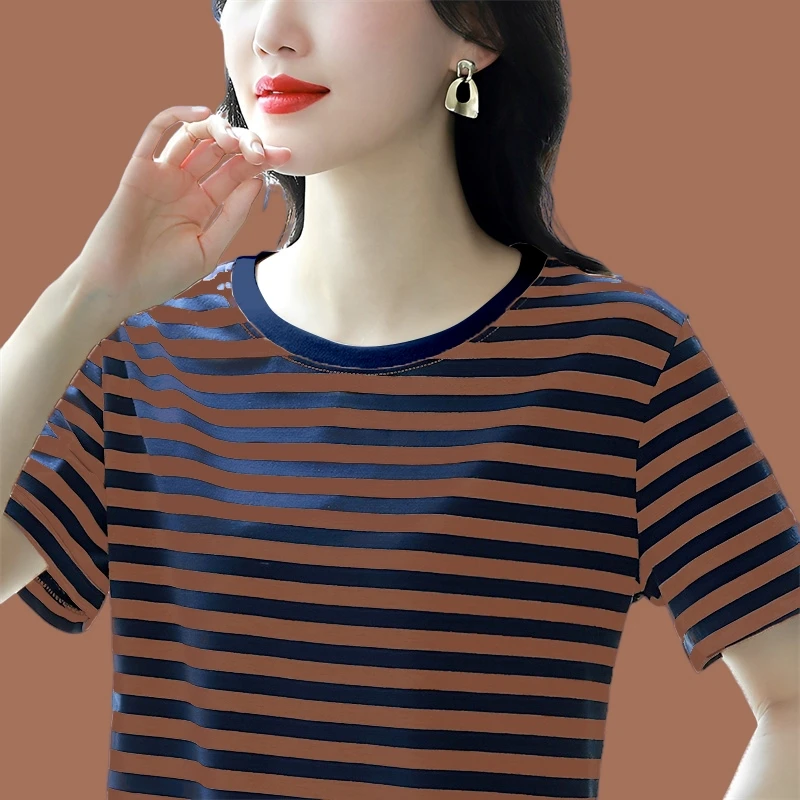 圆领短袖条纹宽松韩版百搭半袖t恤女款2025新款爆款棉质显瘦短袖