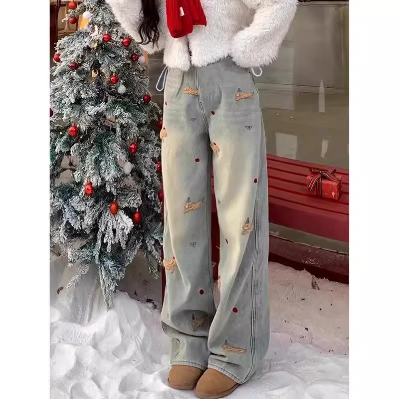 孕妇裤子春季外穿2025新款小个子牛仔裤春款不勒肚时尚阔腿裤春装