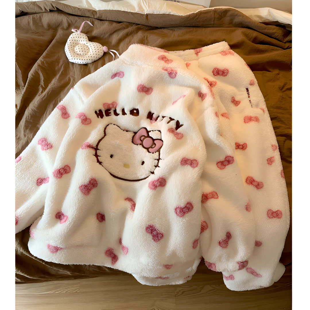 韩系温柔甜美可爱凯蒂猫睡衣女冬季新款半边绒宽松休闲家居服套装