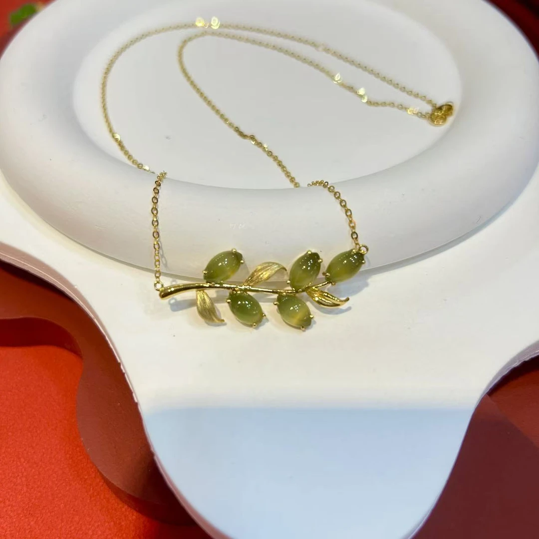 18K金镶嵌5*8mm金丝猫眼叶子套链HNZ14812