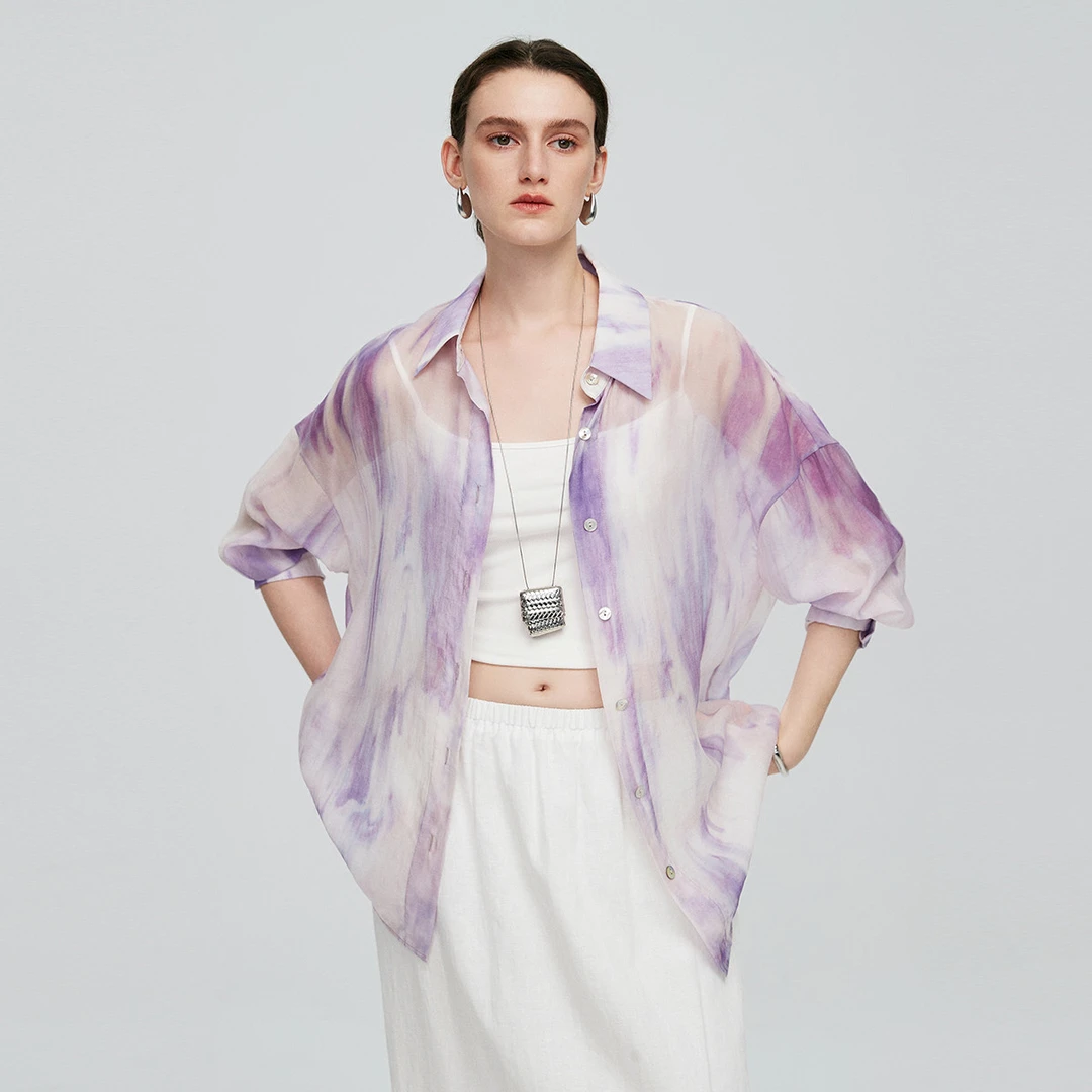 初棉｜薄款晕染紫云印花衬衫女 春夏微廓落肩宽松长袖小衫