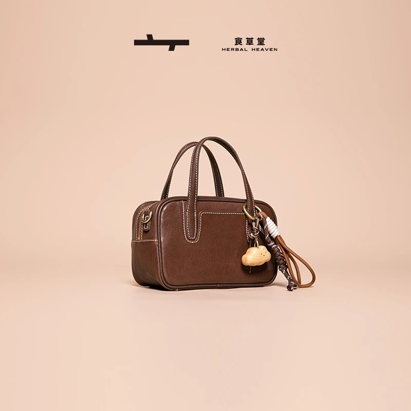 食草堂新款水晶植鞣头层牛皮手提单肩包小方包方糖