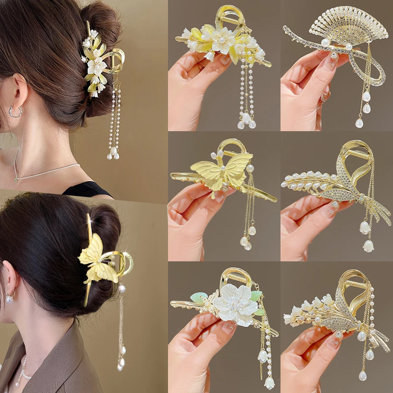 发夹女2025新款古风流苏花朵抓夹大号后脑勺鲨鱼夹头饰马面裙配饰