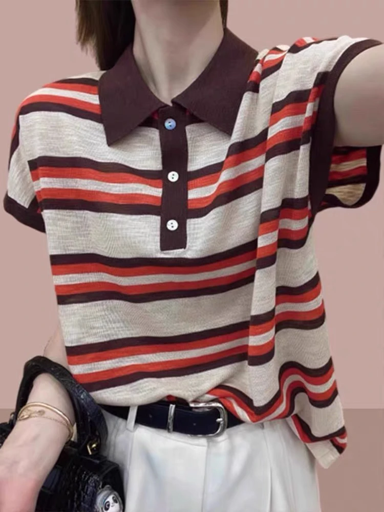 翻领polo条纹撞色短袖