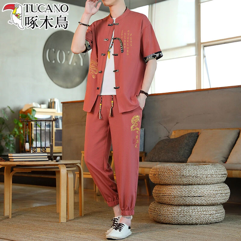 中国风男装唐装套装夏季汉服短袖t恤复古风宽松休闲大码一套衣服