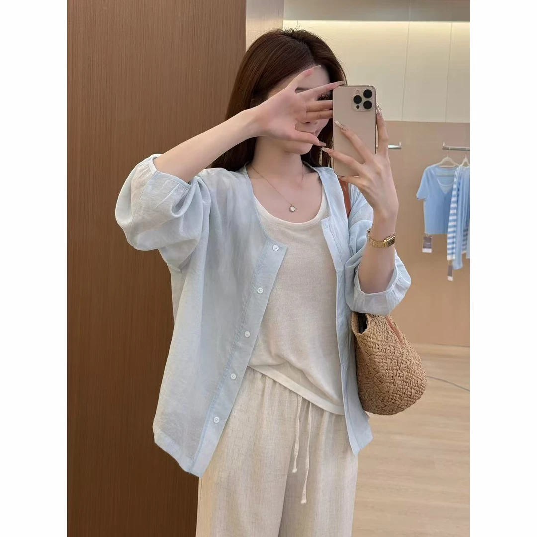 【饼干私服】蓝色通勤百搭圆领单排扣防晒衫外套XH0090