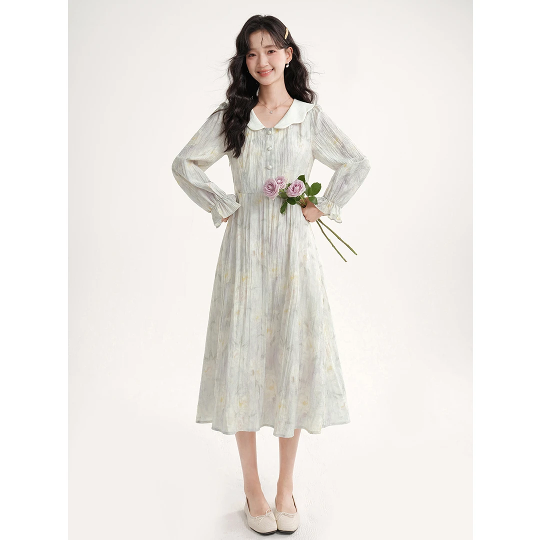 木易易 娃娃领晕染油画碎花连衣裙女秋温柔风显瘦独特漂亮裙子