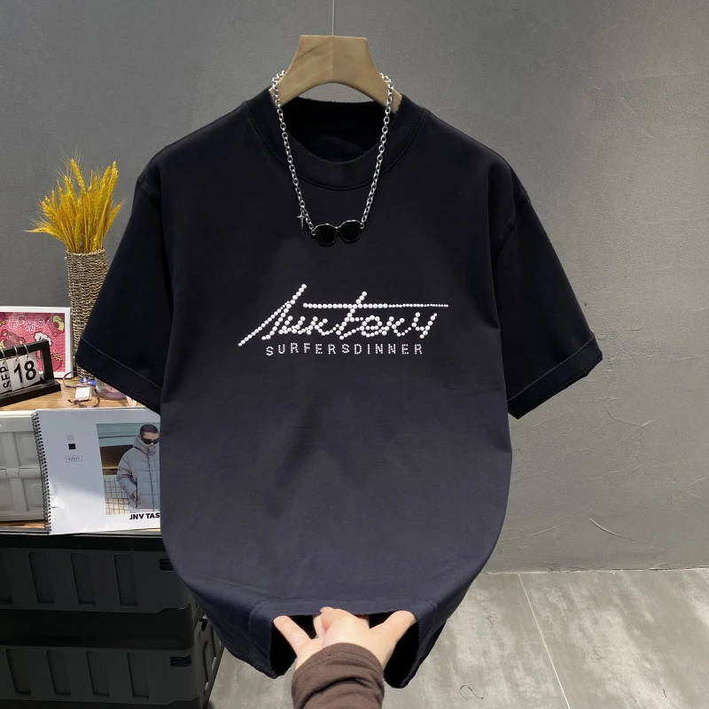 2025「珍珠字母烫钻」重磅纯棉短袖t恤男宽松圆领情侣半袖