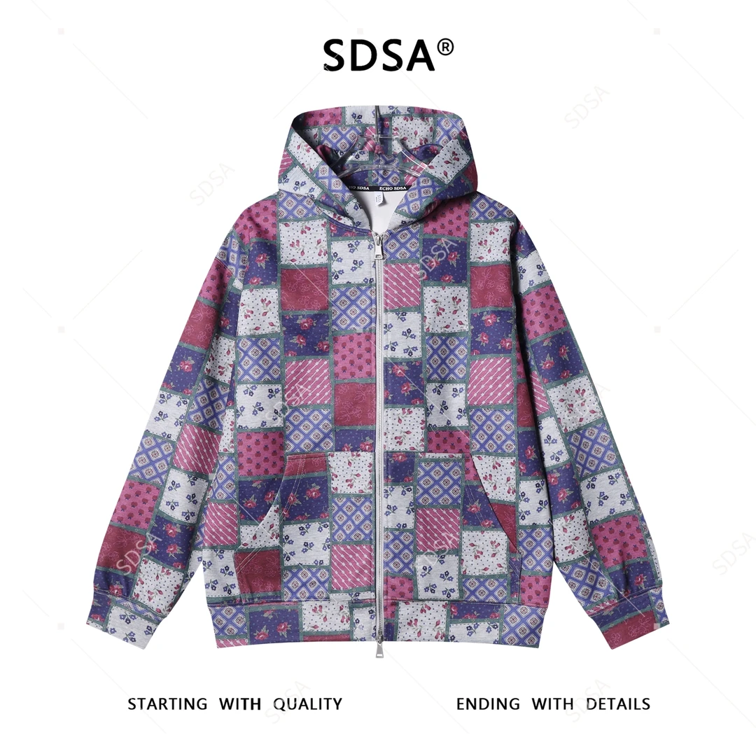 SDSA男士秋冬新款痞帅男装时尚撞色格子拉链连帽卫衣百搭宽松外套