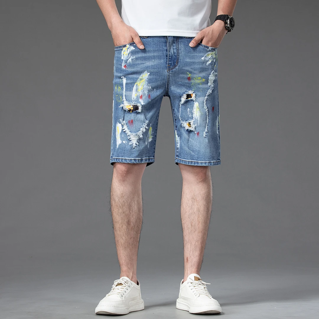 605牛仔裤弹力宽松修身手擦中裤五分裤印花短裤男夏季牛仔