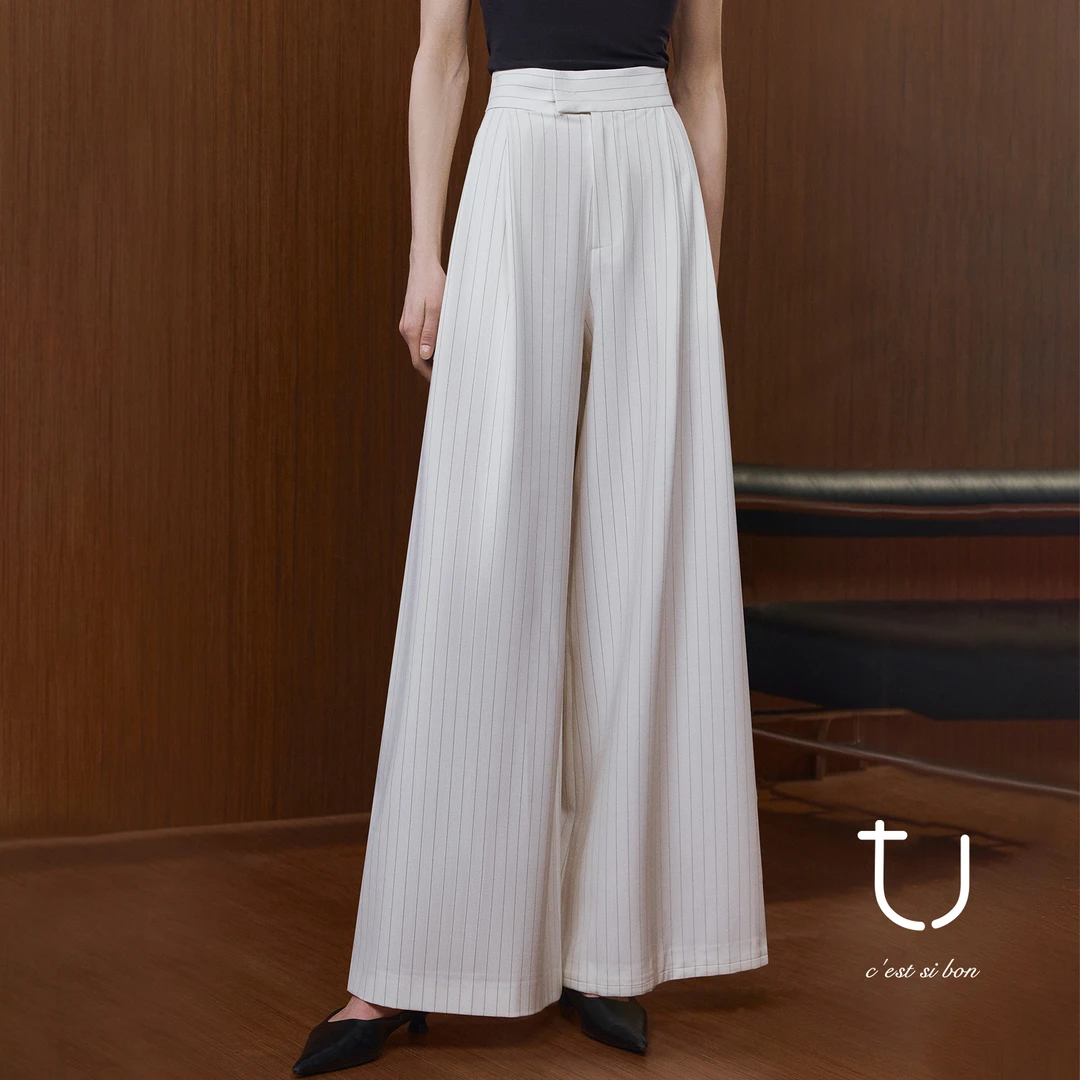 TU女装 春日交响曲 高腰条纹阔腿裤2025秋季气质百搭女士裤子新款