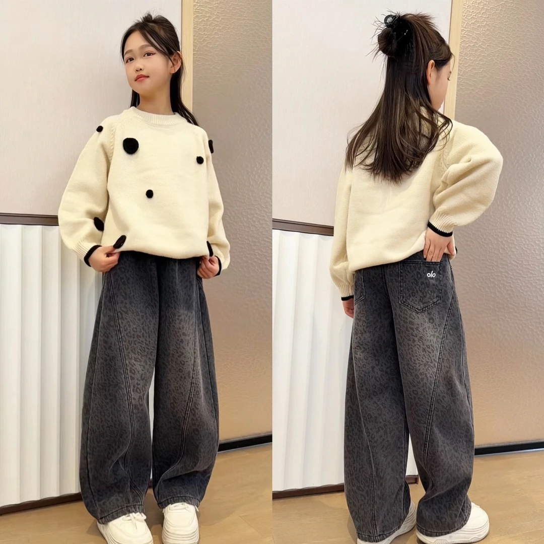 女童冬季厚款韩版圆领长袖加厚毛衣针织衫大童阔腿加绒牛仔裤套装