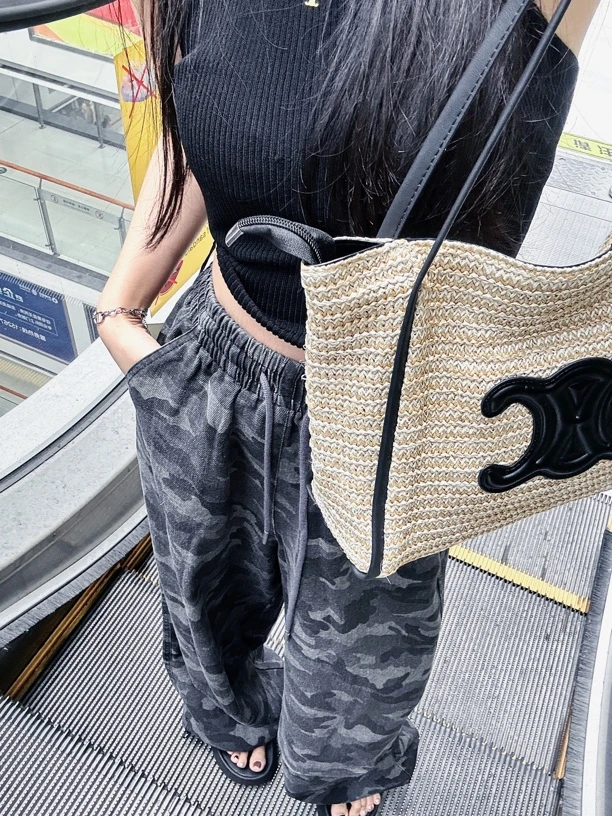 美式复古迷彩阔腿牛仔裤女2025百搭高腰宽松显瘦直筒拖地裤子