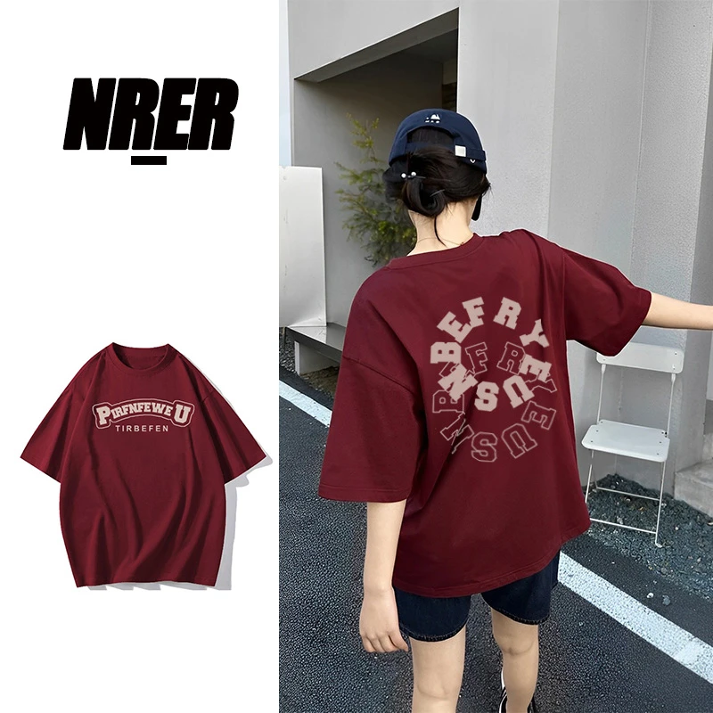FNFE美式夏季宽松酒红色纯棉港味ins潮短袖t恤女休闲情侣上衣