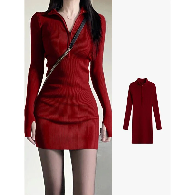 红色约会战袍穿搭辣妹针织长袖连衣裙女秋季内搭打底裙包臀短裙子