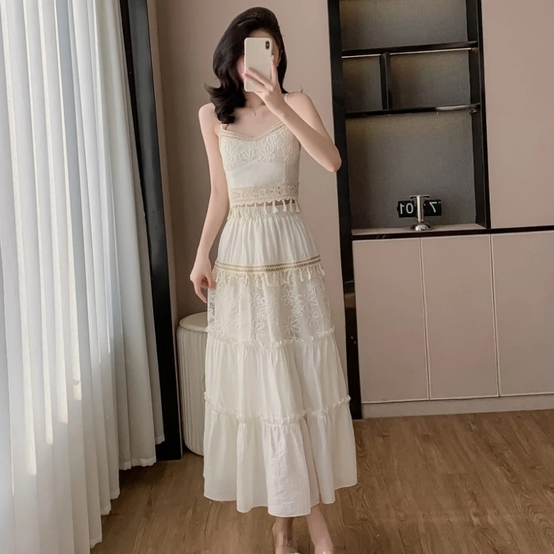 春季新款民族风连衣裙套装文艺复古吊带上衣抹胸披肩度假半身裙女