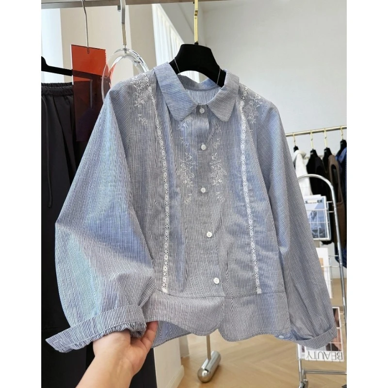 K02027高级感翻领条纹长袖衬衫女早秋季拼蕾丝法式独特精致小上衣