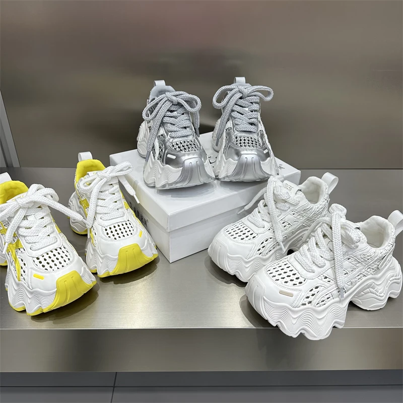 女鞋时尚百搭夏季镂空厚底网面透气春夏系带拼色拼接高定潮流潮鞋