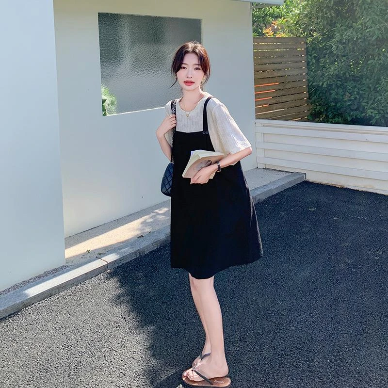 小个子拼接法式连衣裙女夏假两件2025新款显高气质黑色休闲吊带裙