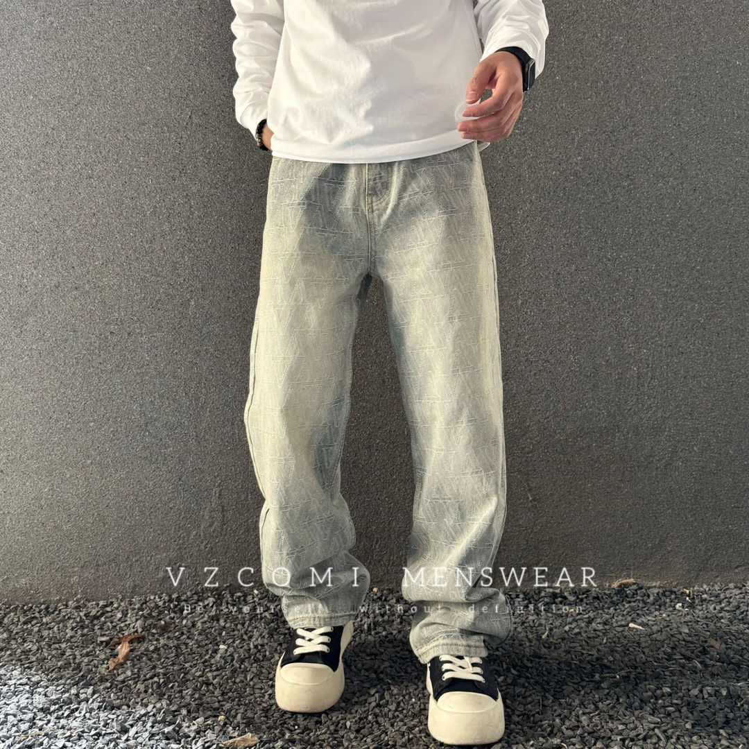 美式巴黎风高端老花提花水洗牛仔裤宽松直筒港风复古休闲百搭牛仔