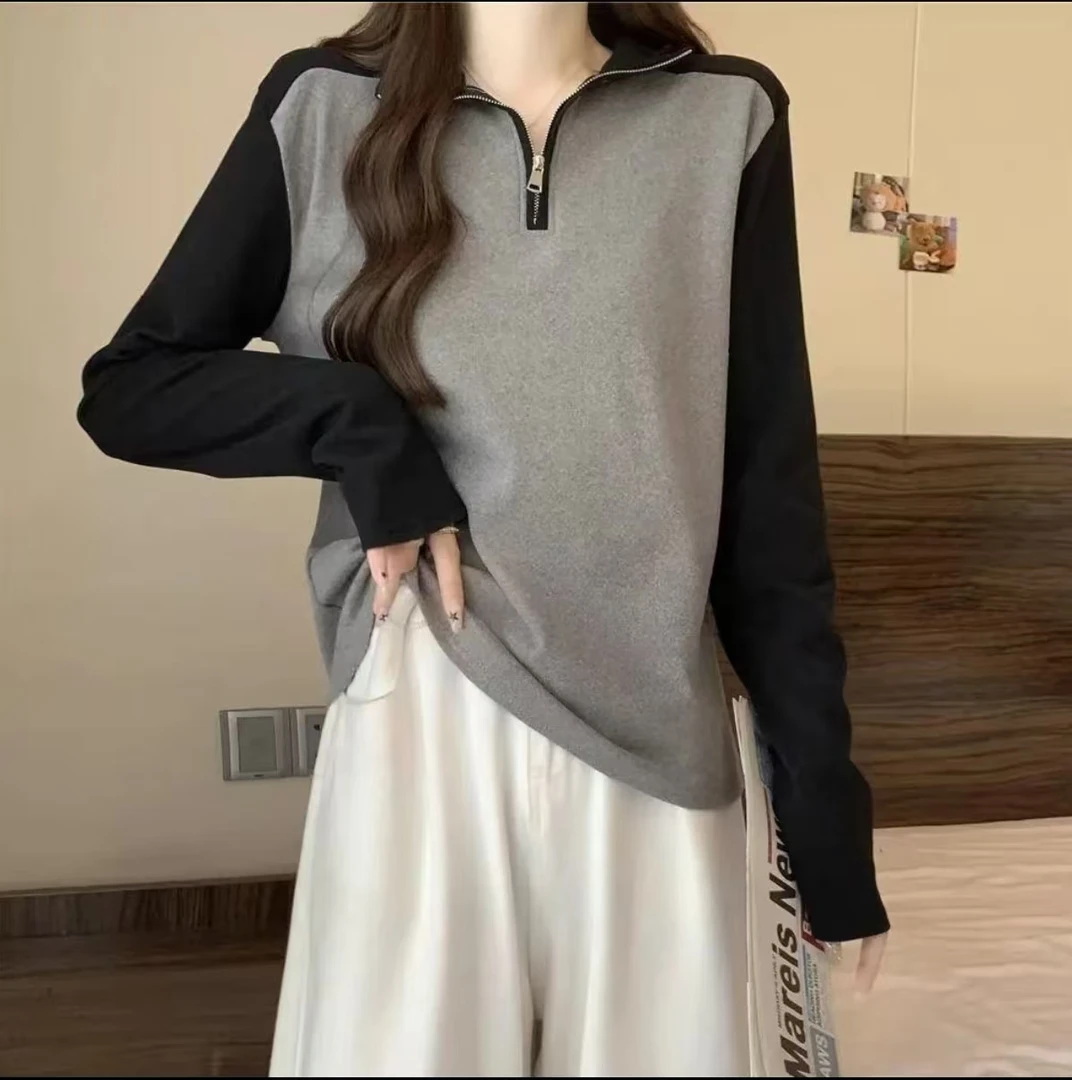 【加绒加厚】气质拉链长袖立领运动时尚打底保暖女上衣遮肉显瘦休闲