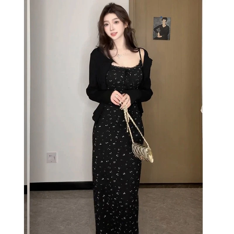 法式赫本风黑色高级感碎花吊带连衣裙时尚显瘦防晒开衫度假风套装