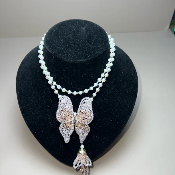 非金属仿水晶项链 西子家微丝密镶粉蝴蝶系列流苏项链设计