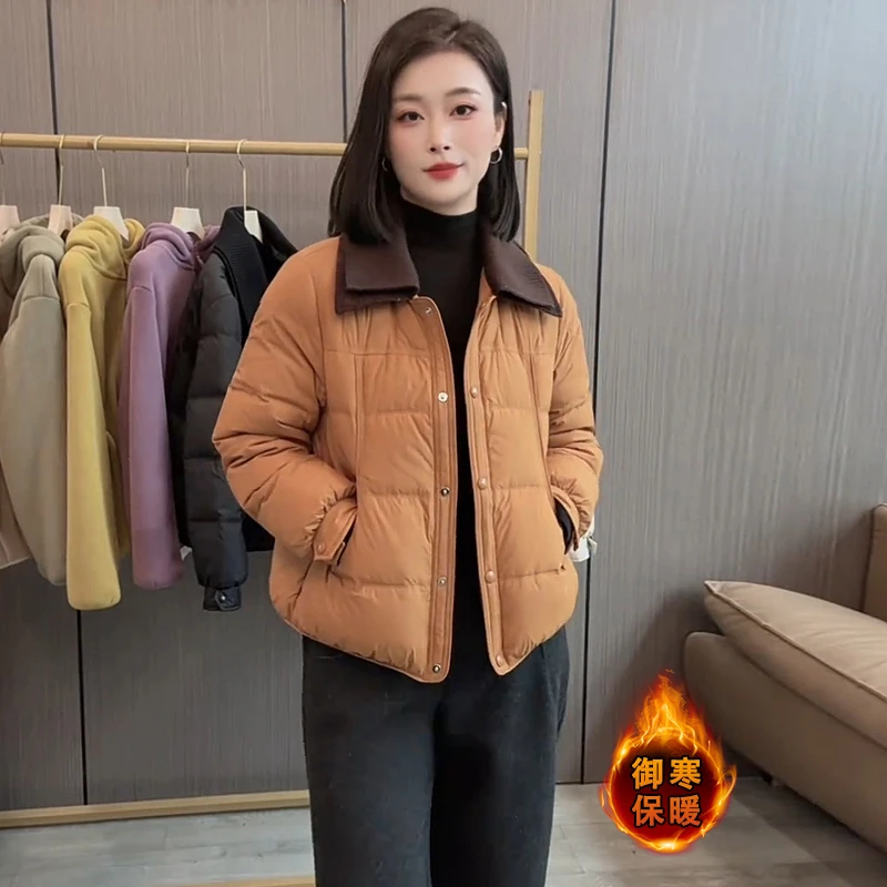 时尚撞色翻领加厚短款外套女2025冬季新款洋气保暖显瘦休闲棉服潮