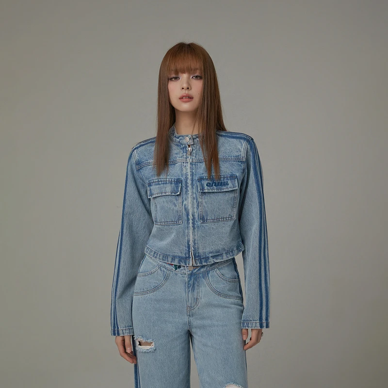 C009【金拐子专属】CHUU字母刺绣设计条纹扎染气质夹克外套-F