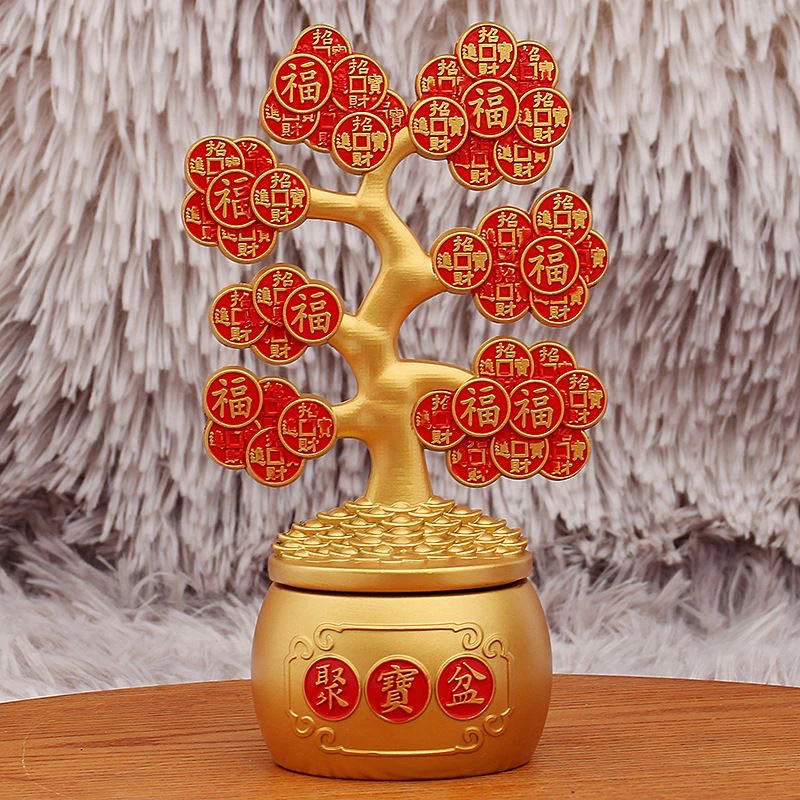 转转摇钱树办公室聚宝盆金属礼品发财树摆件客厅家居桌面工艺品