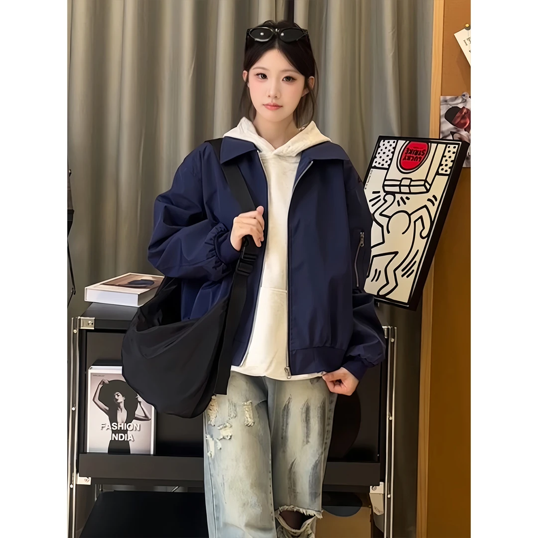 藏青色美式工装飞行员夹克男春秋潮牌短款外套cleanfit翻领棒球服