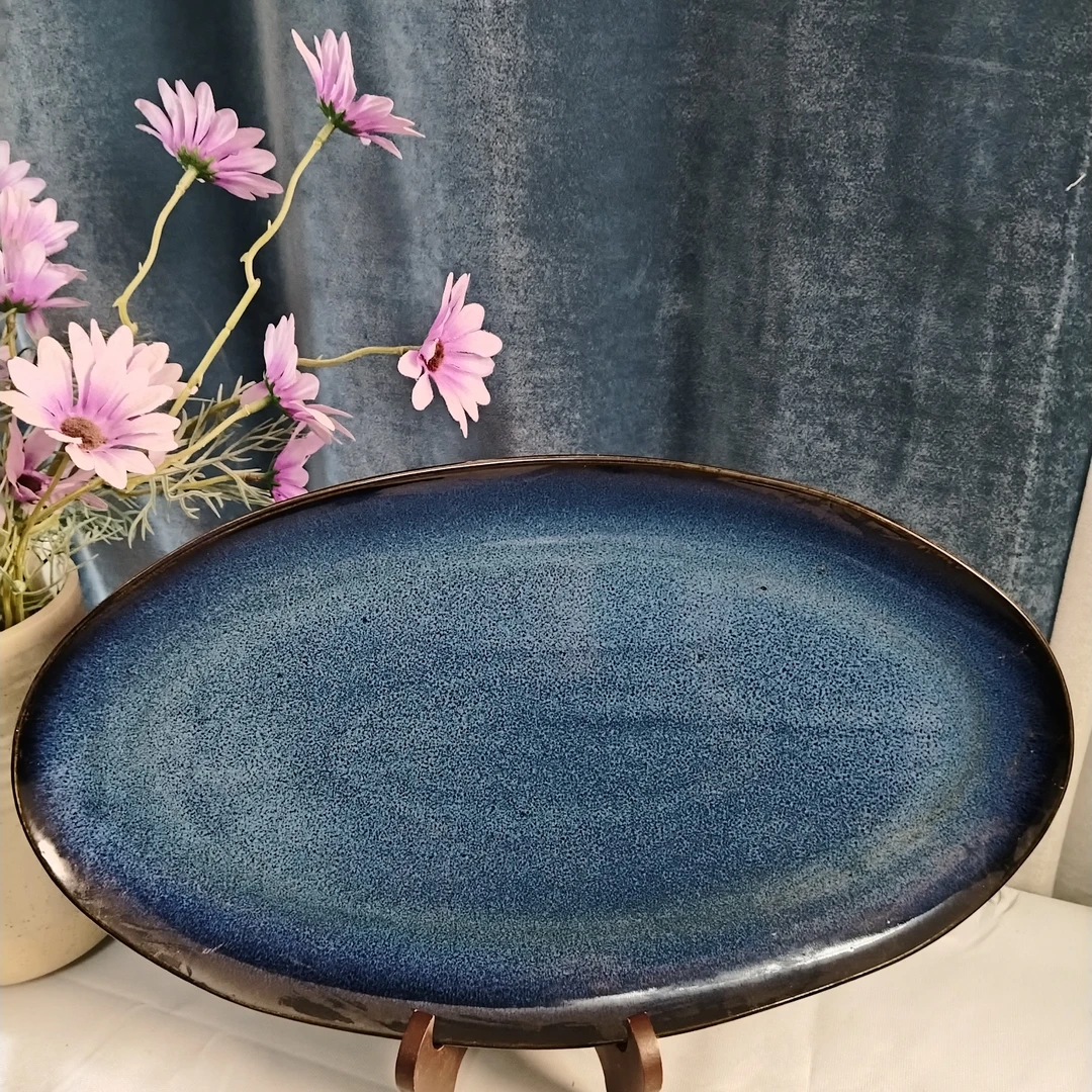 703微瑕品38厘米蓝色窑变大鱼盘