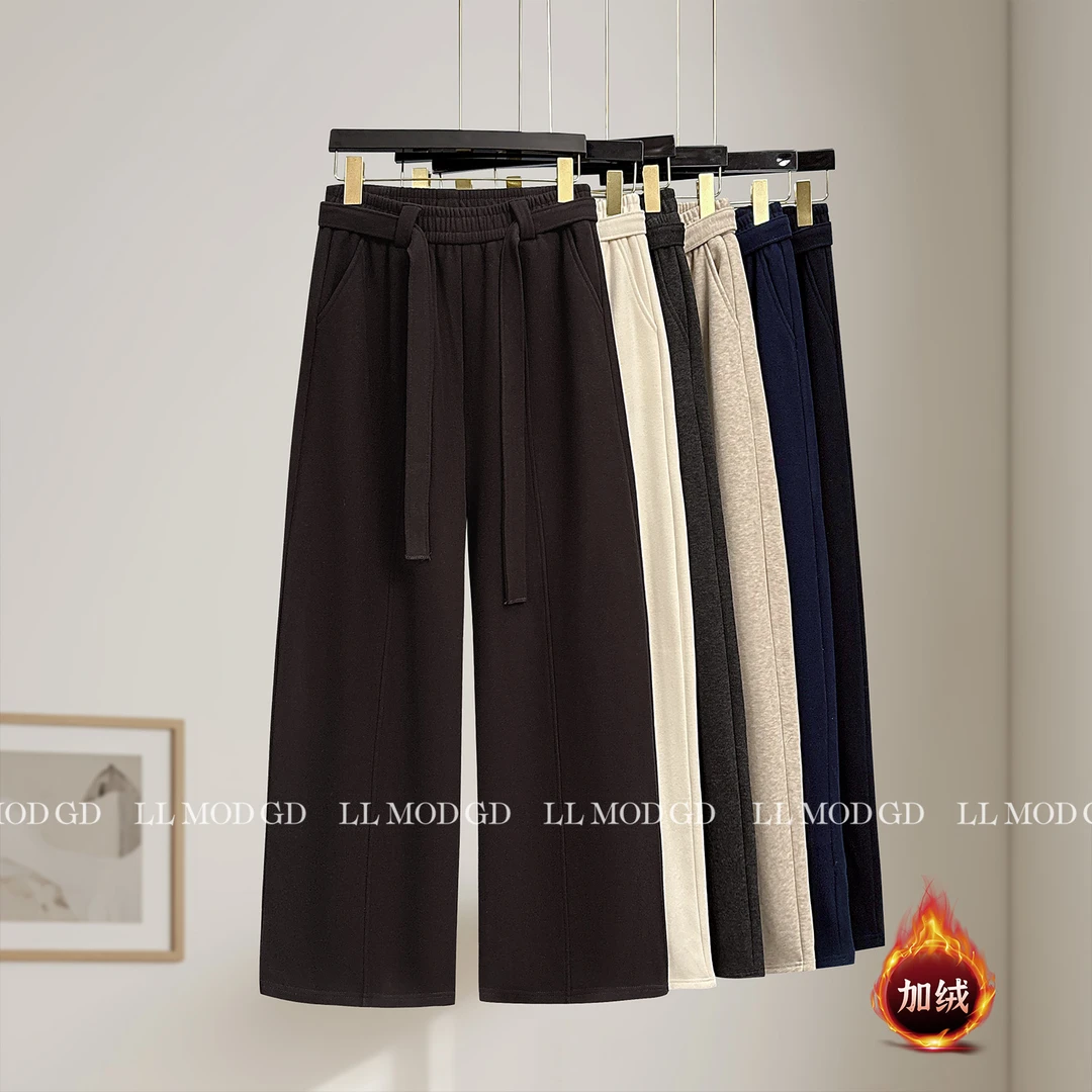 舒柔相伴 简约松紧腰宽松休闲显瘦银狐绒弯刀直筒休闲裤XR-263612