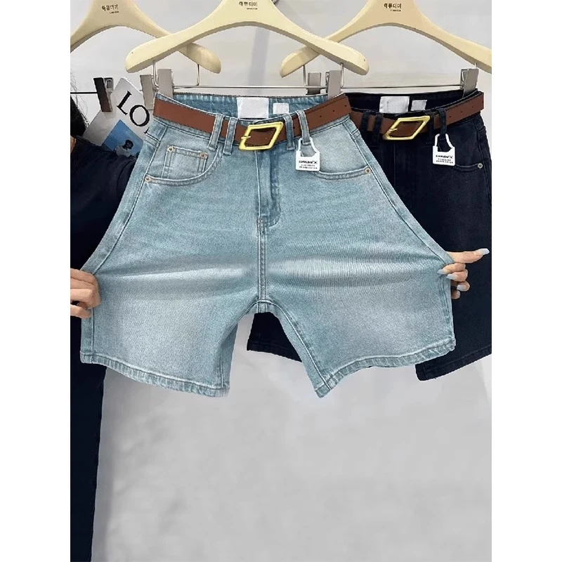 蓝色弹力牛仔短裤女夏季薄款大码胖mm高腰宽松显瘦阔腿五分中裤子