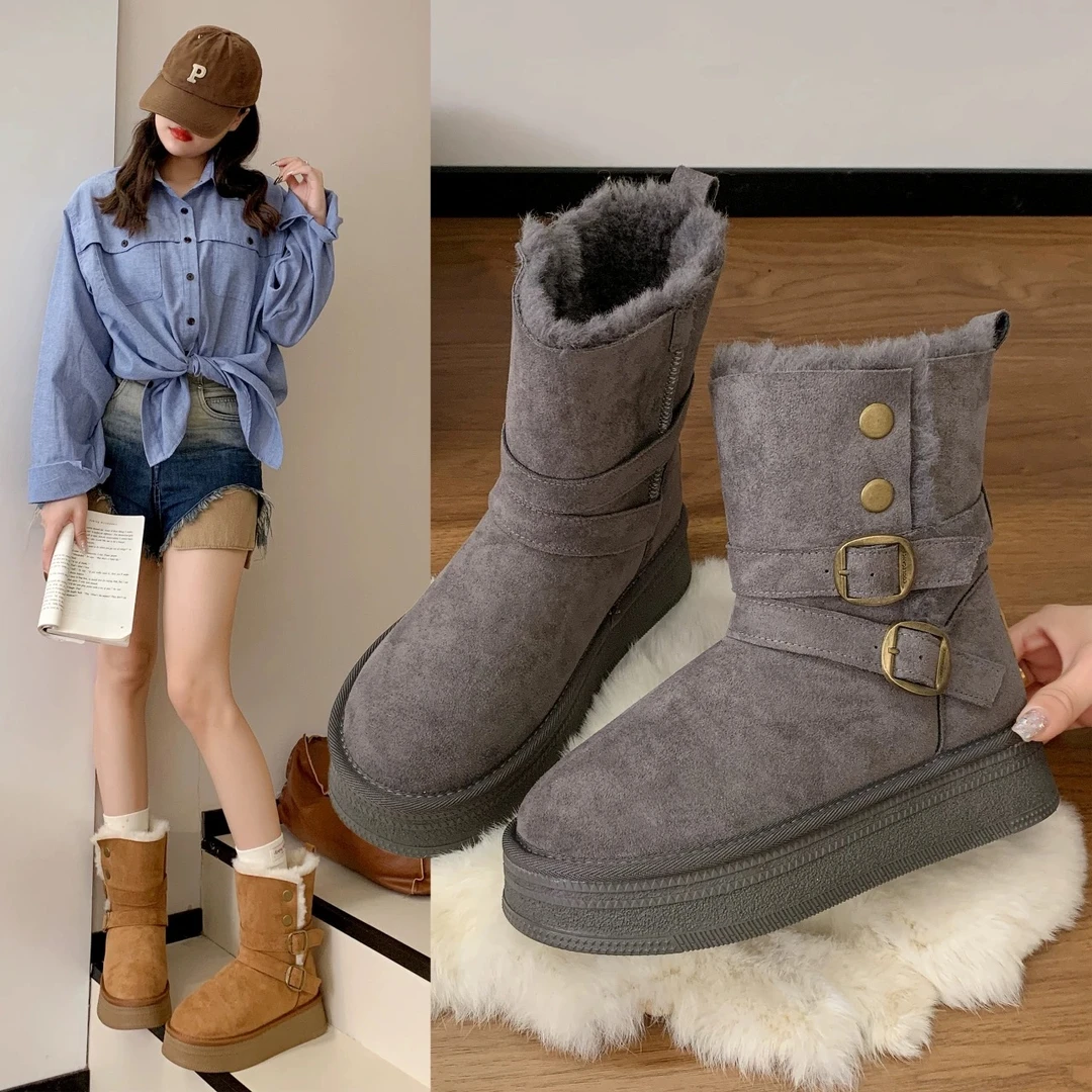 厚底雪地靴女2025秋冬款加绒保暖棉鞋时尚百搭短靴小个子马丁靴XS