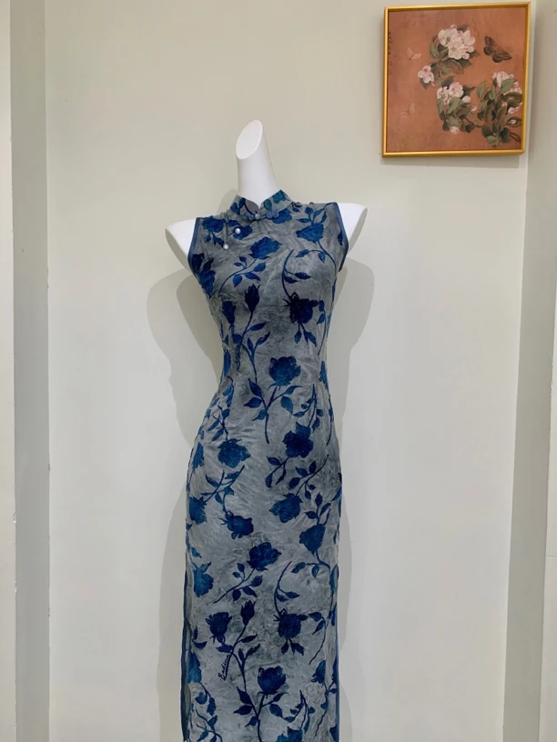 【花影】衣长120无袖气质植绒旗袍改良日常显身材