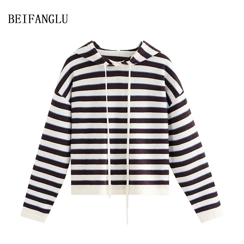 北方鹿 松弛感穿搭！绵羊毛2025早春休闲减龄条纹连帽针织衫2579