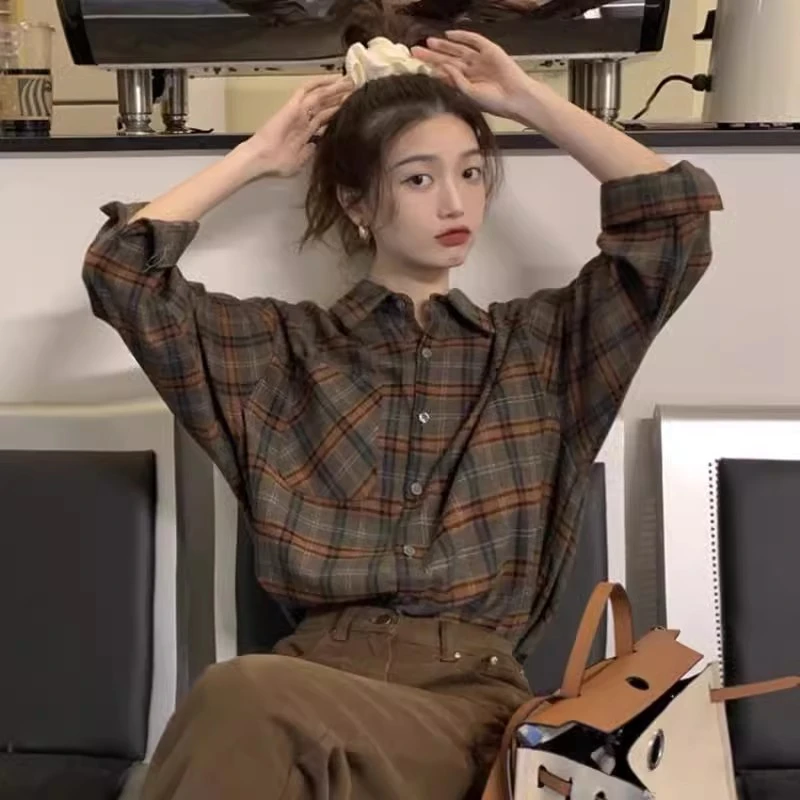 复古磨毛格子衬衫女2025春秋新款可外穿宽松长袖衬衣休闲上衣外套