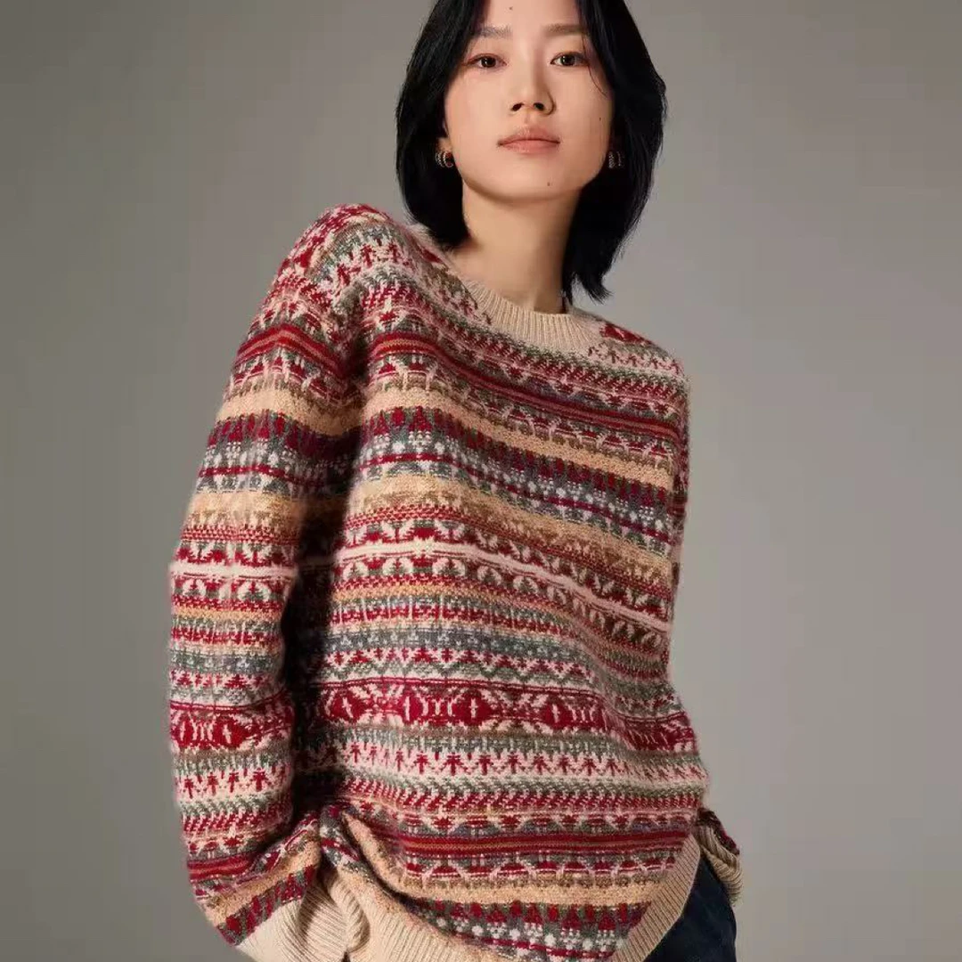 不一般篙质感！山羊绒衫女圆领撞色费尔岛毛衣加厚针织打底7427