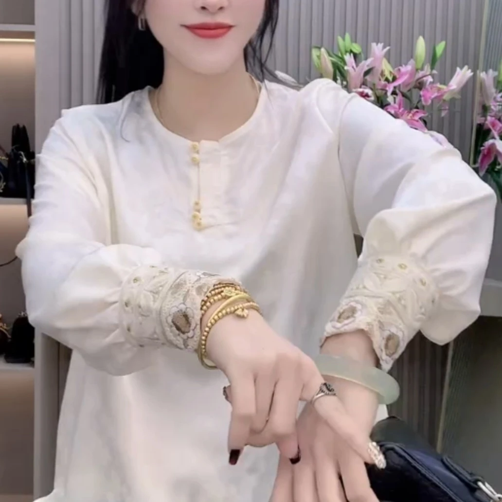 重工中国风长袖百搭宽松绣花提花新中式网红T恤圆领复古