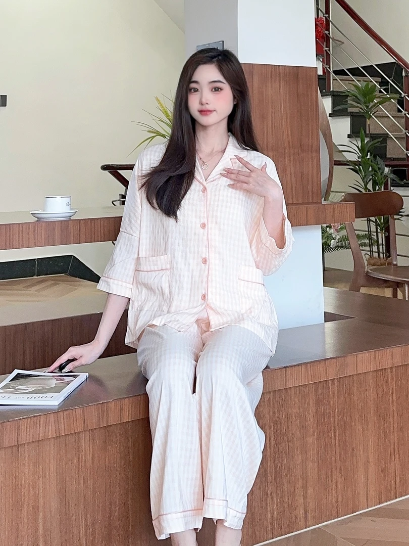 【2025新款】家居服格子两件套女夏款7038